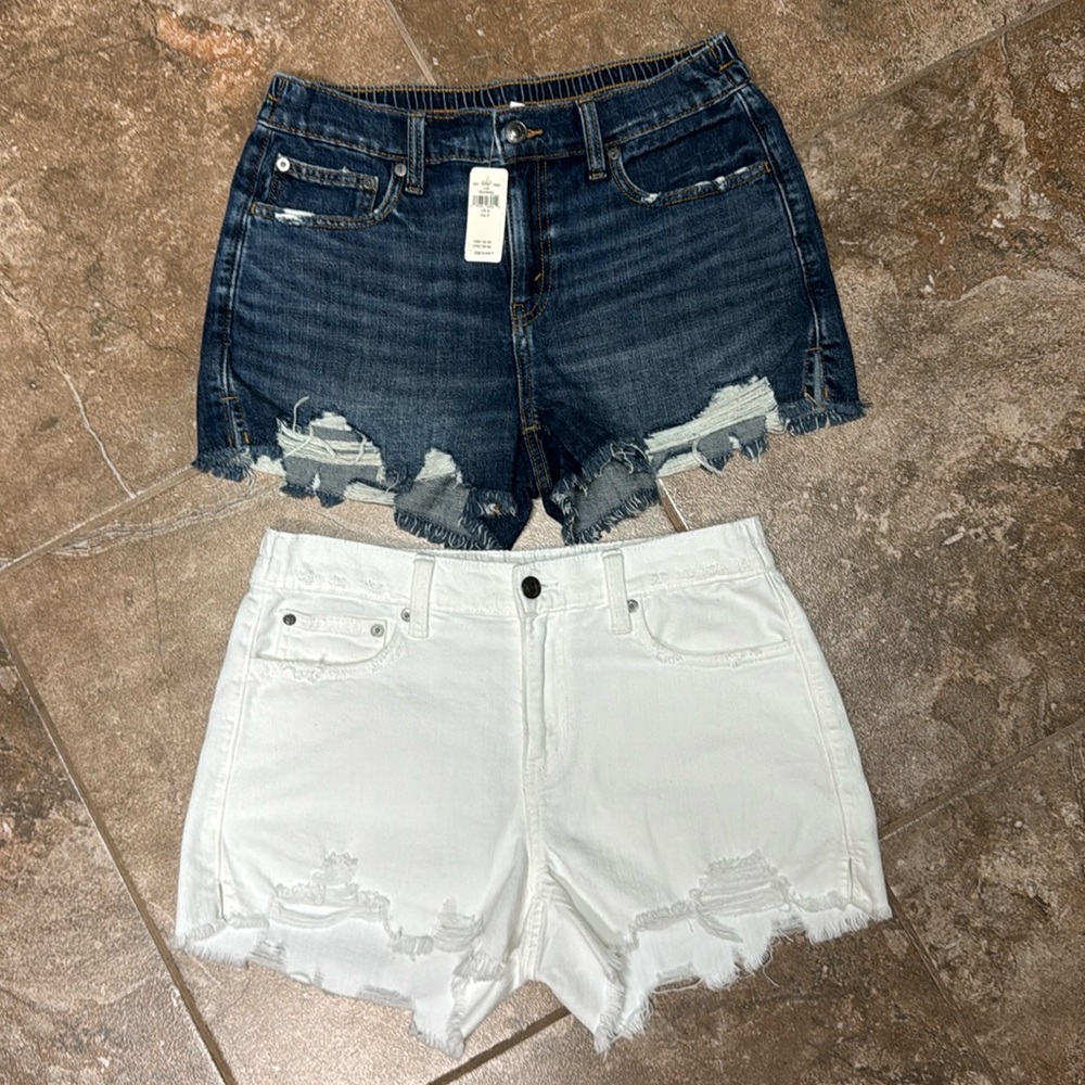 Aerie Women's Distressed Jean Shorts - Dark Blue and White